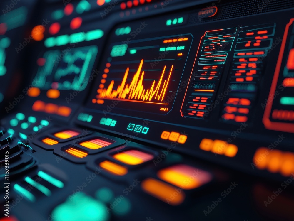 Futuristic Control Interface with Glowing Elements and Data Visualization for Virtual Environments and Technology Themes Futuristic Control Interface with Glowing Elements and Data Visualization for Virtual Environments and Technology Themes