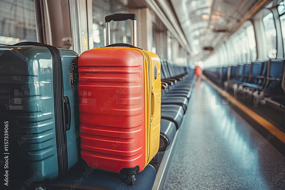 Fototapeta premium Luggage of train and plane passengers in the cabin. Cabin sized suitcase and bag. Concept for public mass transportation, traveling, trip, journey, homecoming, holiday, and vacations