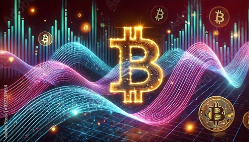 Wallpaper Mural Crypto Digital Dynamics: Bitcoin Symbol Amid Flowing Technological Waves Torontodigital.ca