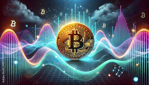 Wallpaper Mural Abstract Digital Flow: Bitcoin Emblem in Technological Wave Landscape Torontodigital.ca
