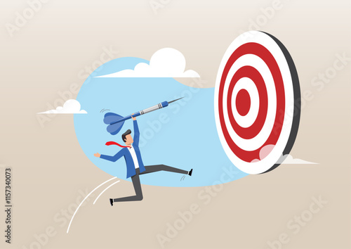 confidence businessman holding dart jumping right to dartboard bullseye