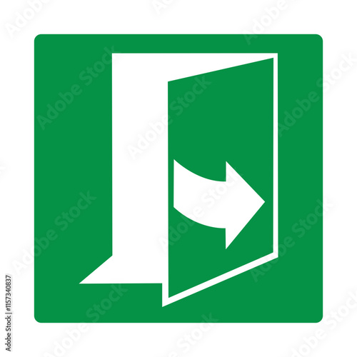 Green sign door opens towards you to the right. Designations the direction door opening in normal or emergency situations. Arrow pointing to the right shows the trajectory the door. Iso 7010.