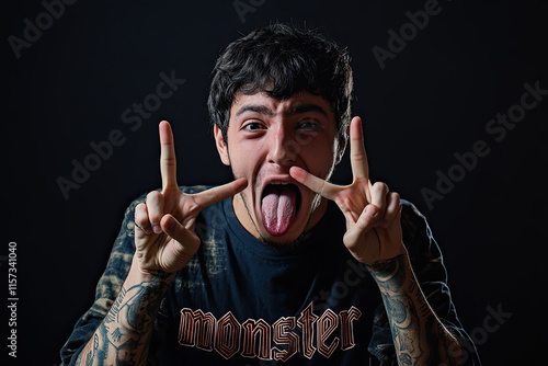 Man making a “monster” face by sticking out his tongue and wiggling his fingers photo