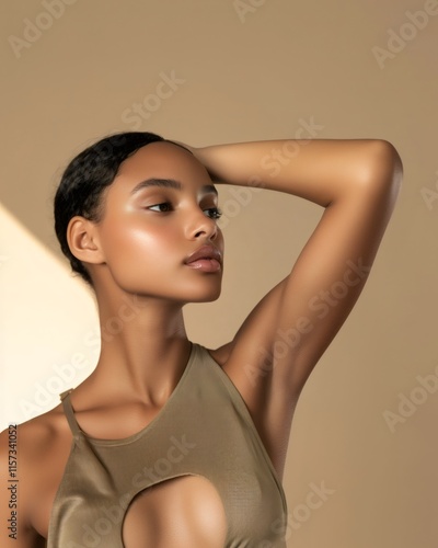 Young woman posing with hand on hair, showing armpit