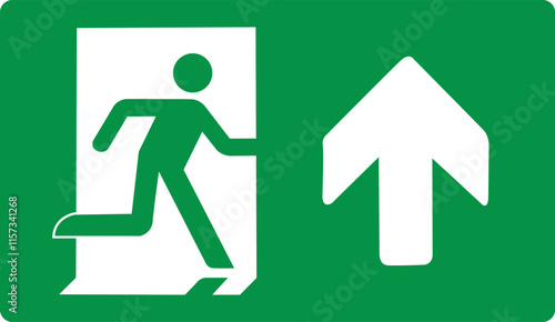 Green sign evacuation exit up. Designations location emergency evacuation exit. Quick and safe exit from a building or facility in case emergency. Direction a safe area. Iso 7010. Fire exit.