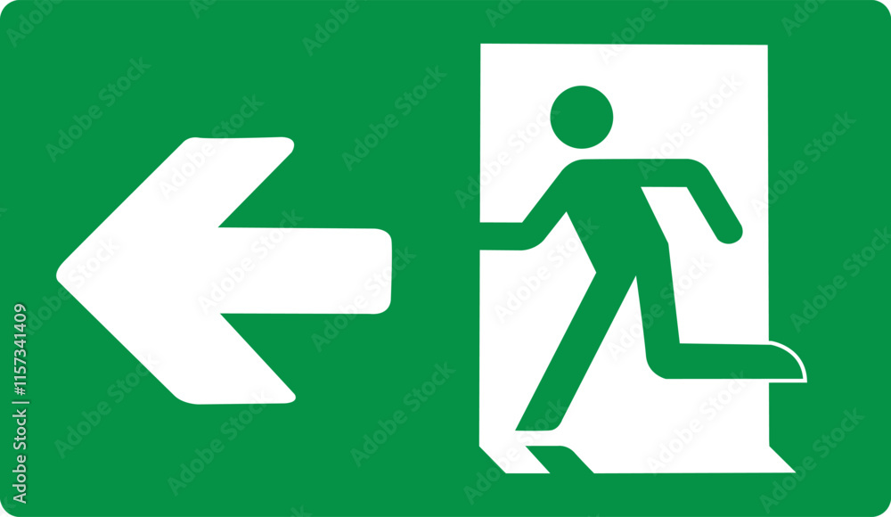 Green sign evacuation exit left. Designations location emergency evacuation exit. Quick and safe exit from a building or facility in case emergency. Direction a safe area. Iso 7010. Fire exit. Green sign evacuation exit left. Designations location emergency evacuation exit. Quick and safe exit from a building or facility in case emergency. Direction a safe area. Iso 7010. Fire exit.