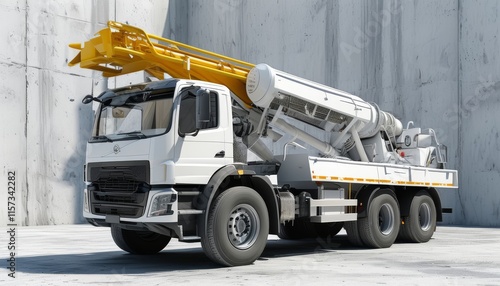 Modern Concrete Pump Truck with Yellow Boom Against Industrial Background