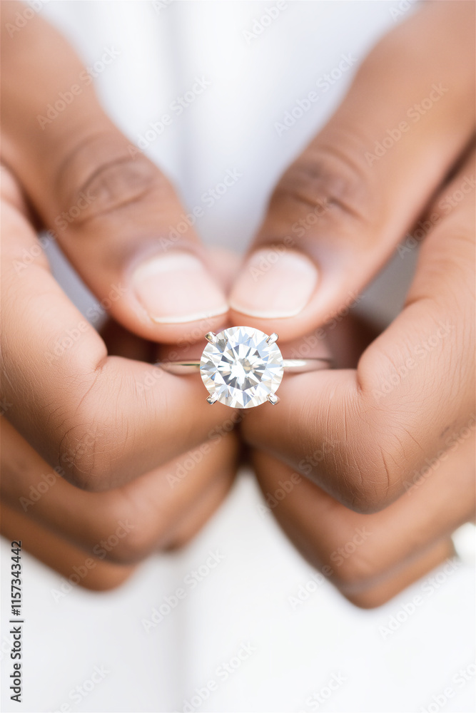 Close-up of hands holding a sparkling diamond ring against a blurred white background. Perfect representation of love, proposal, and commitment. Close-up of hands holding a sparkling diamond ring against a blurred white background. Perfect representation of love, proposal, and commitment.
