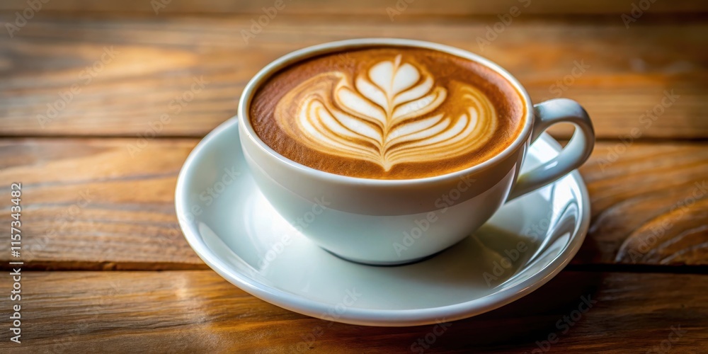 A steaming cup of coffee with a delicate design made from frothed milk on top, resembling a leaf or flower A steaming cup of coffee with a delicate design made from frothed milk on top, resembling a leaf or flower