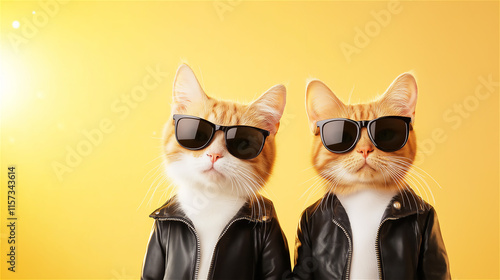 Two ginger cats wearing black leather jackets against a yellow background. Stylish and humorous representation of pets with a rockstar attitude. photo