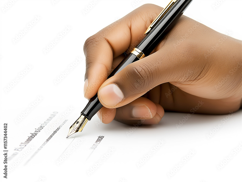Hand signing a document with an elegant fountain pen against a white background. Represents business, legal agreements, and official documentation. Hand signing a document with an elegant fountain pen against a white background. Represents business, legal agreements, and official documentation.