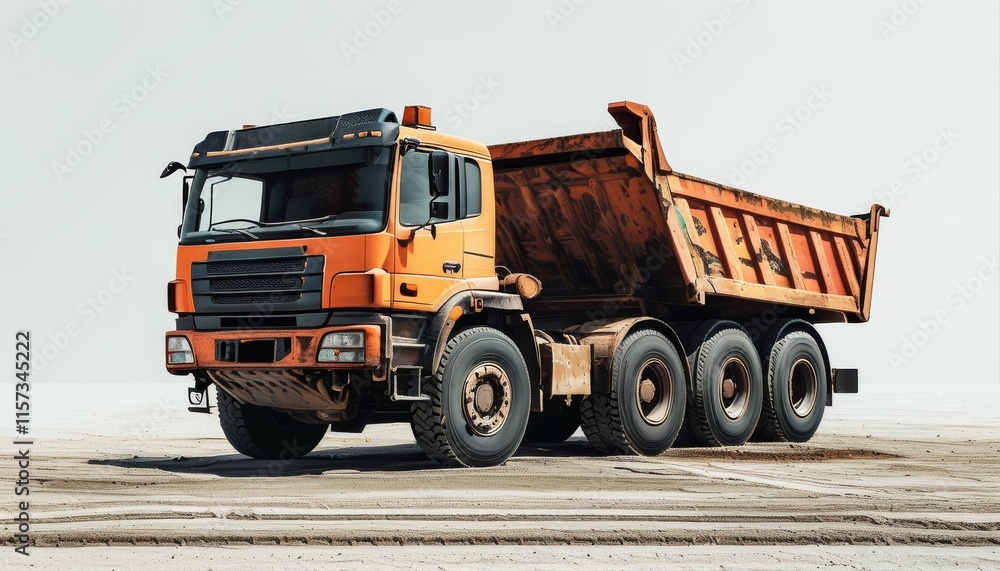 Orange Dump Truck on Sandy Surface with Clear Background and Sunshine Lighting Orange Dump Truck on Sandy Surface with Clear Background and Sunshine Lighting