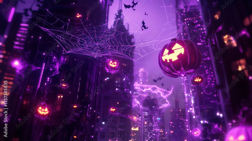 Fototapeta premium Futuristic cityscape at night decorated for Halloween with pumpkins, bats, and spiderwebs.