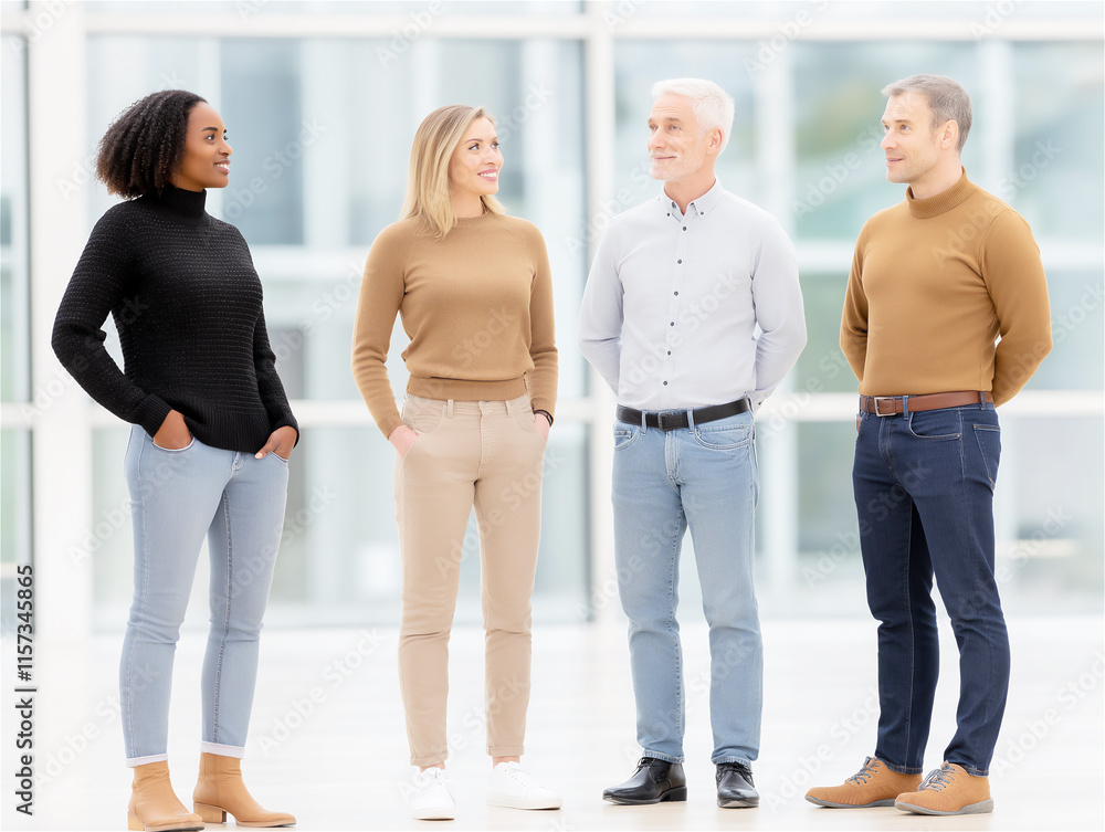 Fototapeta premium A group of diverse colleagues standing together in casual clothing, discussing ideas in a bright modern workspace.