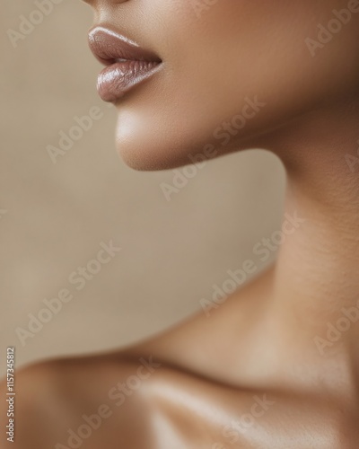 Close-up of woman lips and neck highlighting perfect skin