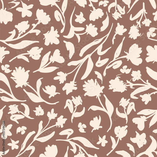 Mocca brown, florals with leaves seamless repeat pattern. Random placed, vector botany aop, all over surface print on  brown background.