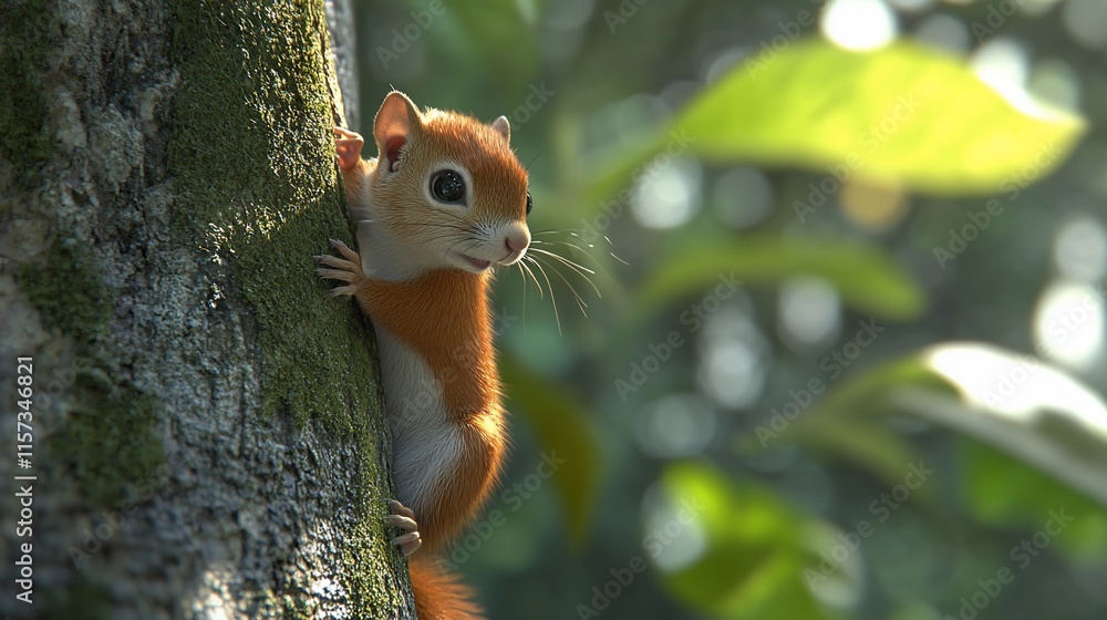 Adorable red squirrel clinging to a tree trunk in a lush forest. Adorable red squirrel clinging to a tree trunk in a lush forest.