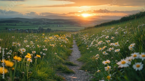Tranquil Irish Countryside: Golden Hour Glow on Rolling Green Hills with Wildflowers along Dirt Path