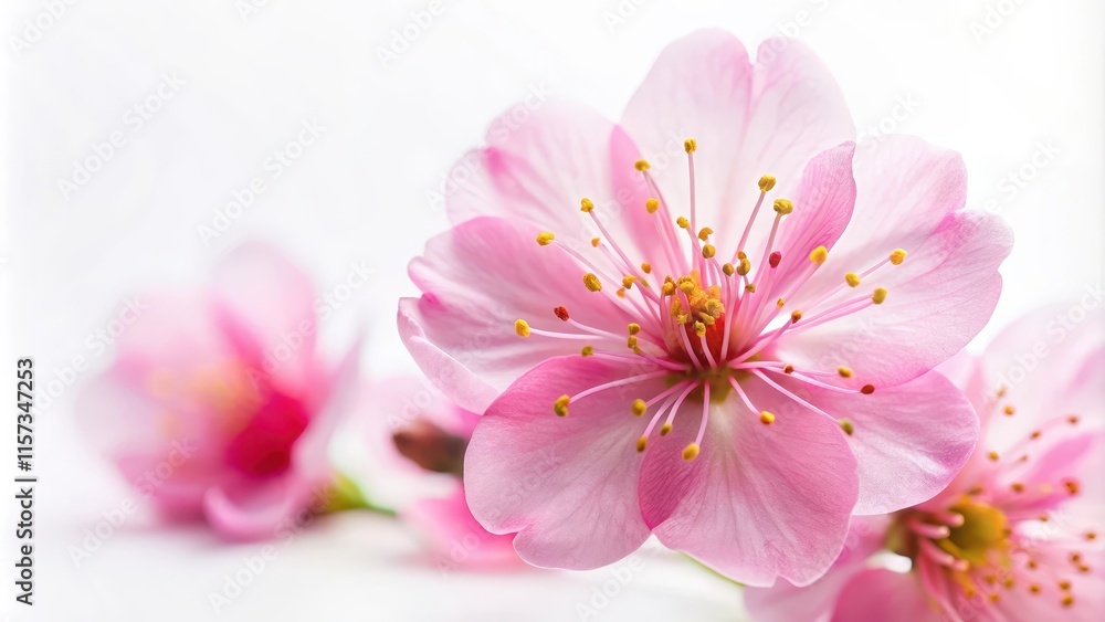 Bright pink cherry blossoms on white background close-up detailed photo of delicate flower petals, floral details, close-up flowers Bright pink cherry blossoms on white background close-up detailed photo of delicate flower petals, floral details, close-up flowers