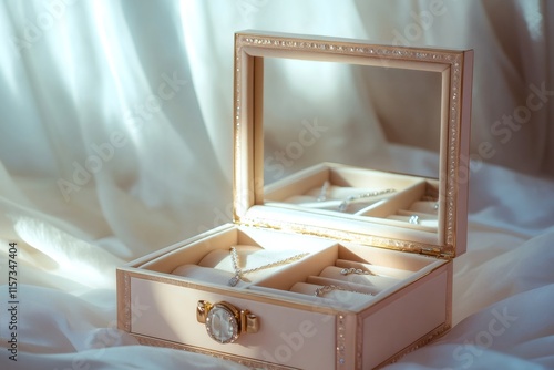 Elegant jewelry box with mirror and precious jewels resting on white silk