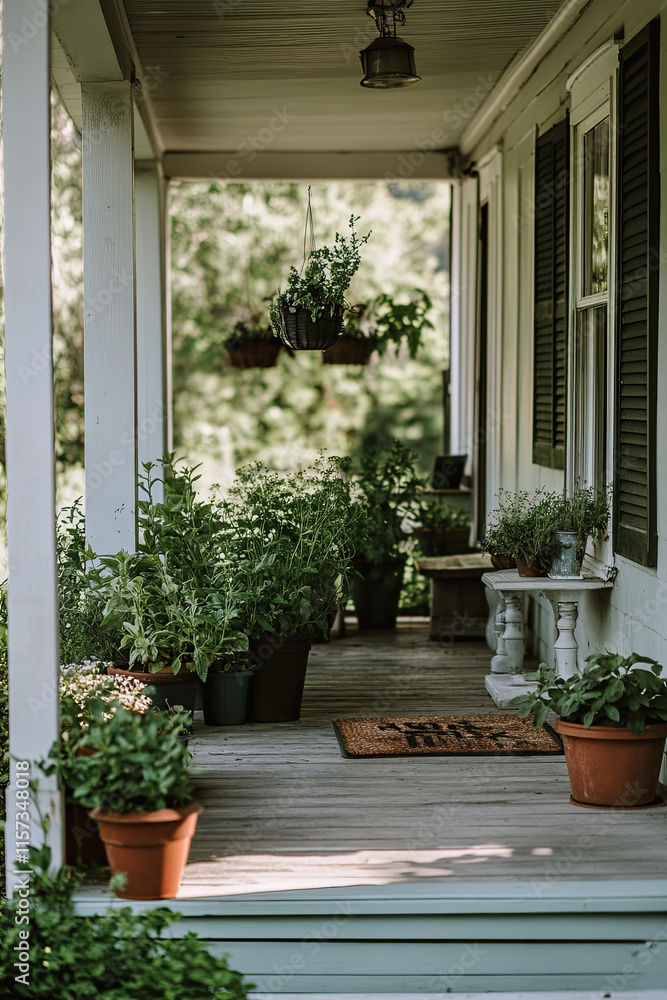 Fresh herbs growing in small pots on a farmhouse porch Fresh herbs growing in small pots on a farmhouse porch