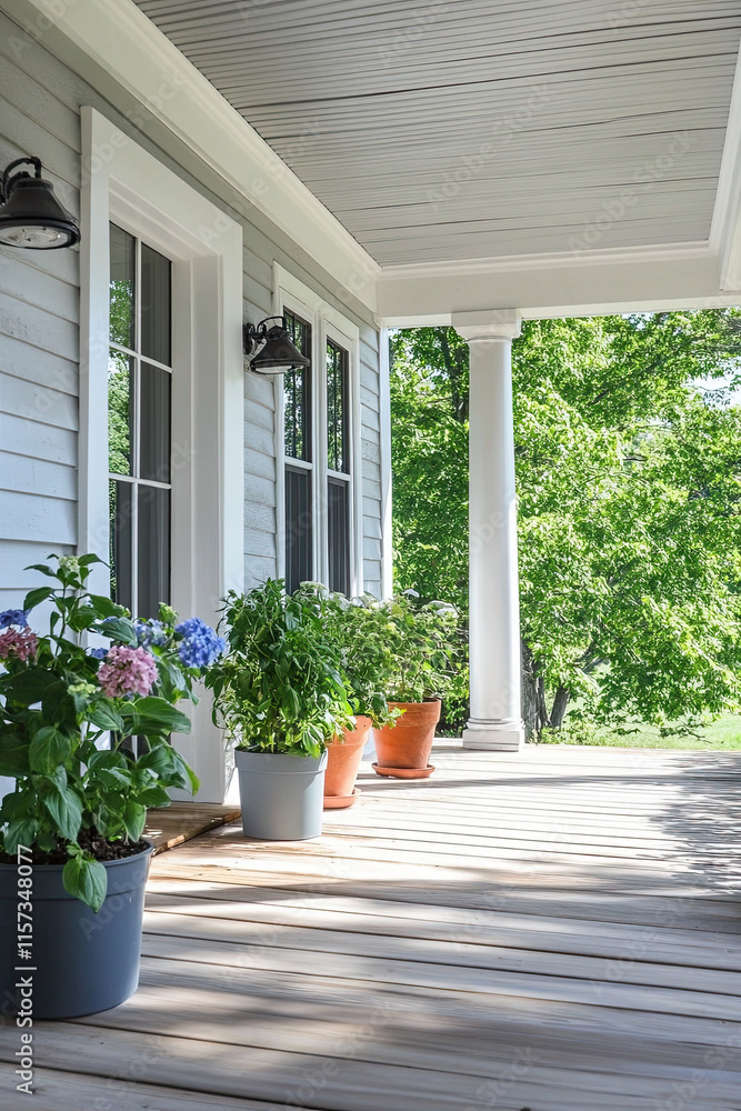 Fototapeta premium Fresh herbs growing in small pots on a farmhouse porch