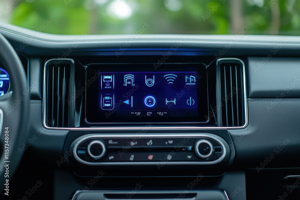 Modern Car Dashboard Displaying Virtual Interface with Various Features and Controls for a Sophisticated Driving Experience in a Contemporary Vehicle Modern Car Dashboard Displaying Virtual Interface with Various Features and Controls for a Sophisticated Driving Experience in a Contemporary Vehicle