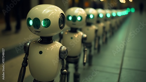 Line of robots with glowing eyes. photo