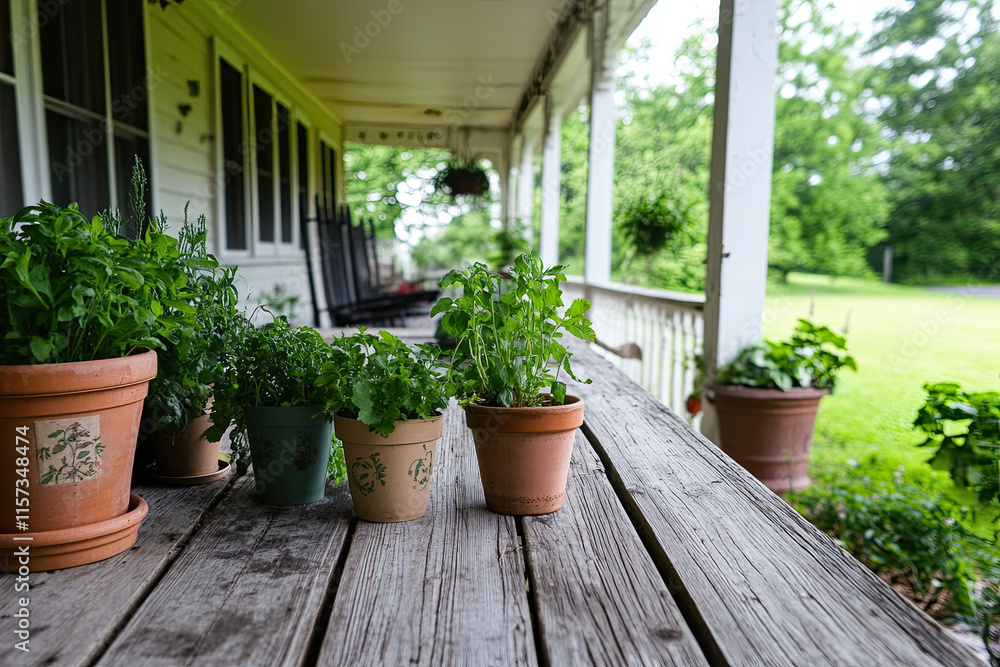 Fresh herbs growing in small pots on a farmhouse porch Fresh herbs growing in small pots on a farmhouse porch