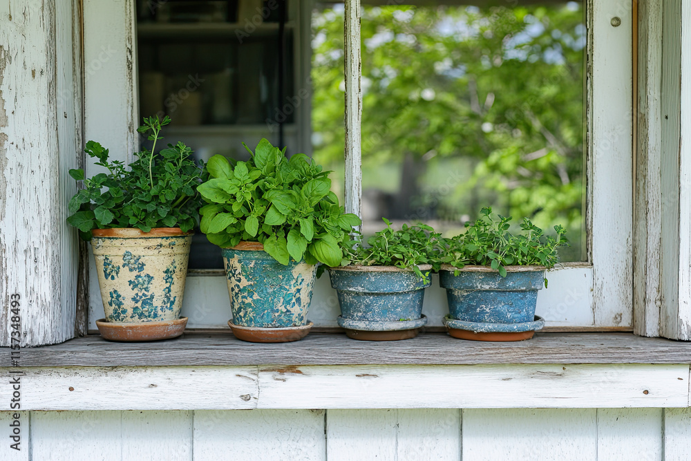Fresh herbs growing in small pots on a farmhouse porch Fresh herbs growing in small pots on a farmhouse porch