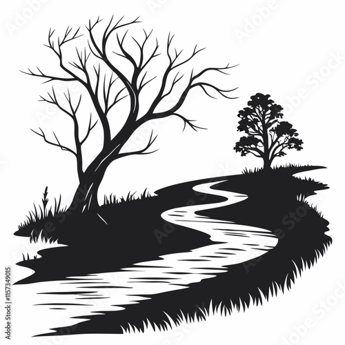 Winding Creek vector silhouette black design white background