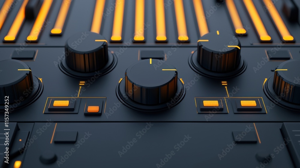 Fototapeta premium Detailed 3D Visualization of an Interactive Soundwave Mixer Control Panel with Bright Orange Highlights on a Dark Background