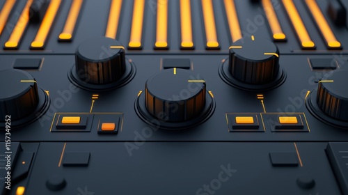 Detailed 3D Visualization of an Interactive Soundwave Mixer Control Panel with Bright Orange Highlights on a Dark Background