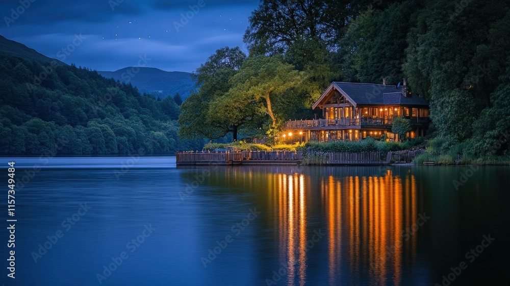 Fototapeta premium Serene lakeside cabin glowing in evening light, surrounded by trees and calm water reflecting bright colors.