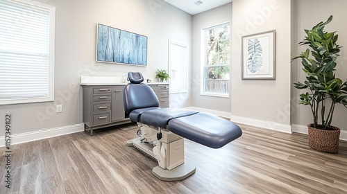 A chiropractic office with an adjustable table, therapy equipment, and a calm, professional atmosphere. photo