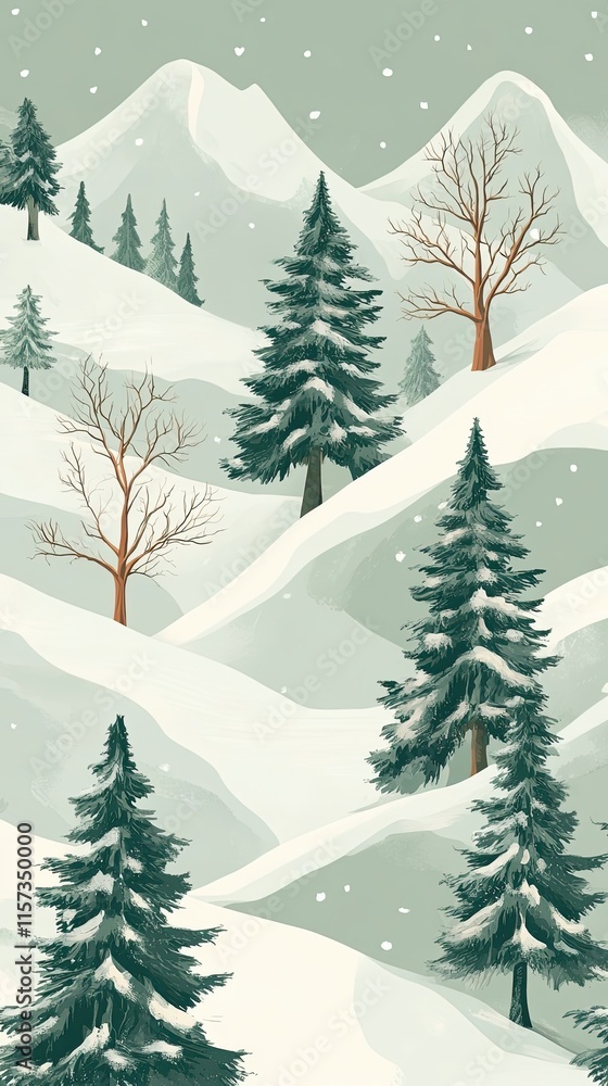 Fototapeta premium Snowy Mountain Landscape With Evergreen Trees