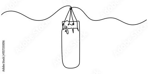 Single one line drawing punching bag. Fitness equipment concept. Continuous line draw design graphic vector illustration, Boxing training punch bag continuous one line drawing, Continuous one line.