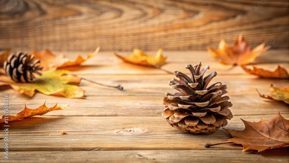 Pinecone on a beige wooden table with scattered autumn leaves and branches, nature, beige background