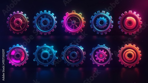 Row of detailed neon gears on a dark background, glowing in vibrant pink, blue, and orange, emphasizing futuristic design