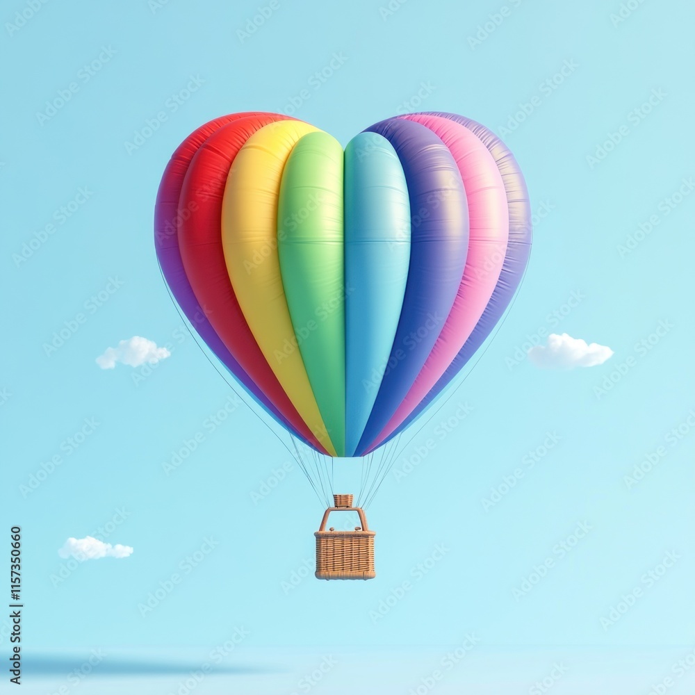 Fototapeta premium Rainbow heart-shaped hot air balloon floating in a pastel blue sky.