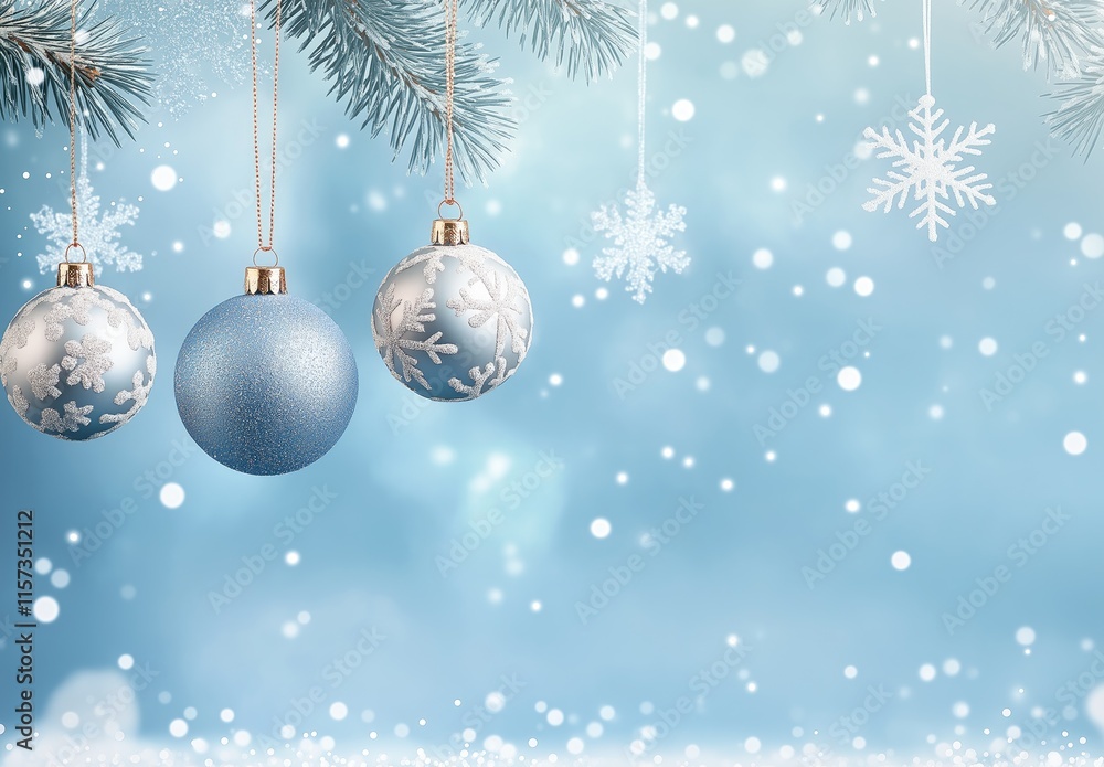 Silver and blue Christmas ornaments hanging with snowflakes, on a pastel blue background with bokeh lights, creating a festive atmosphere. Silver and blue Christmas ornaments hanging with snowflakes, on a pastel blue background with bokeh lights, creating a festive atmosphere.