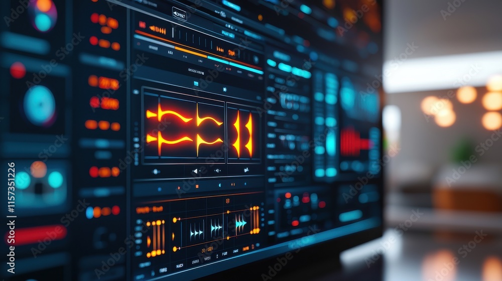 Modern Home Audio Control System Interface with Sleek Design Showcasing Advanced Sound Editing Features and Visualization Tools in a Stylish Setting