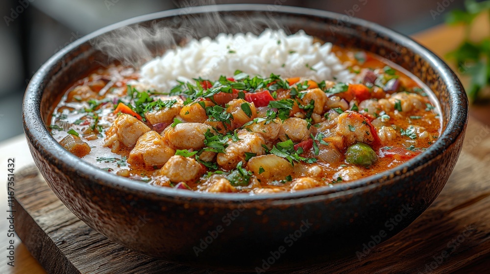 Steaming Chicken Stew with Rice, A Realistic Food Photo Steaming Chicken Stew with Rice, A Realistic Food Photo
