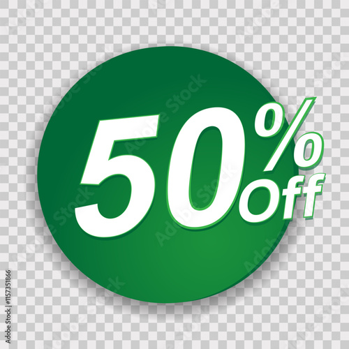 Green round icon with the text “50% off”, for sales, promotions and discounts. Suitable for web pages, banners and marketing graphics. Vector illustration on transparent background.