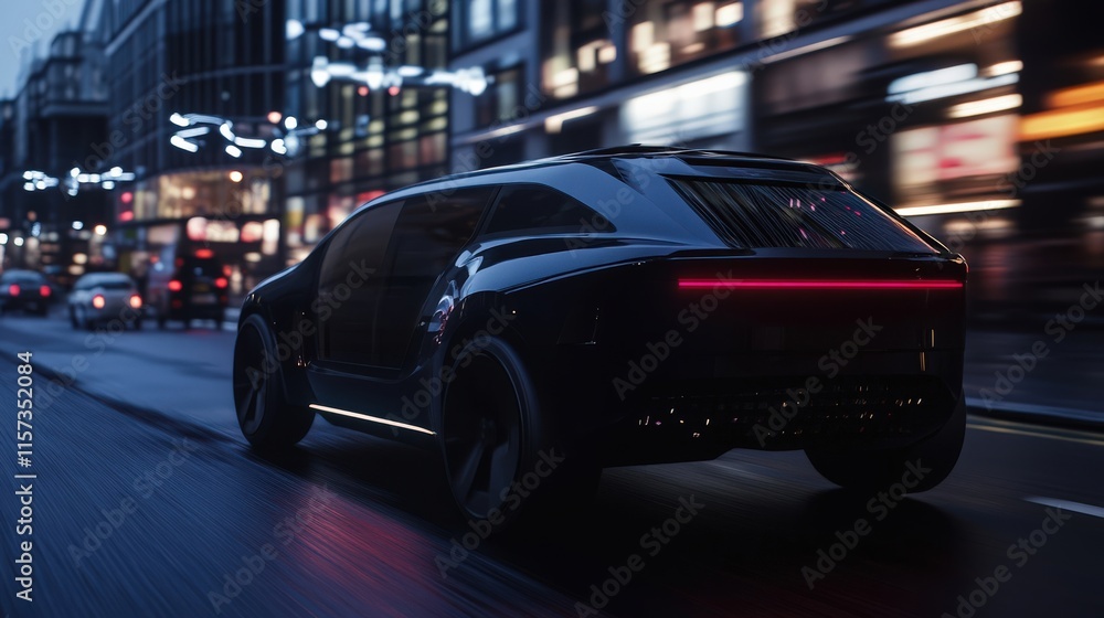 Futuristic Black Car Driving Through a City at Night with Bright Lights Futuristic Black Car Driving Through a City at Night with Bright Lights