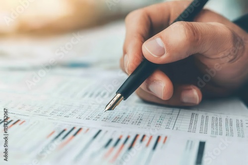 Wallpaper Mural Close-up of a Hand Holding a Pen Over Printed Stock Charts and Financial Data with Soft Light Background for Business and Finance Concepts Torontodigital.ca