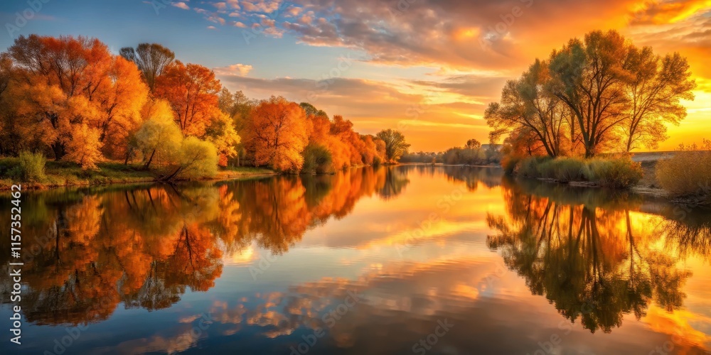 Warm orange hues of sunset reflected on calm river surface with trees in autumnal foliage along riverbank , water, orange Warm orange hues of sunset reflected on calm river surface with trees in autumnal foliage along riverbank , water, orange