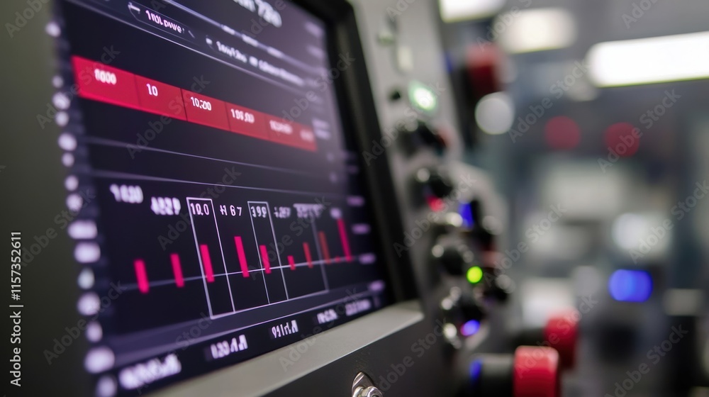 A zoomedin perspective of a digital readout on a machine streaming live performance statistics in a bright color scheme highlighting the importance of realtime data. A zoomedin perspective of a digital readout on a machine streaming live performance statistics in a bright color scheme highlighting the importance of realtime data.