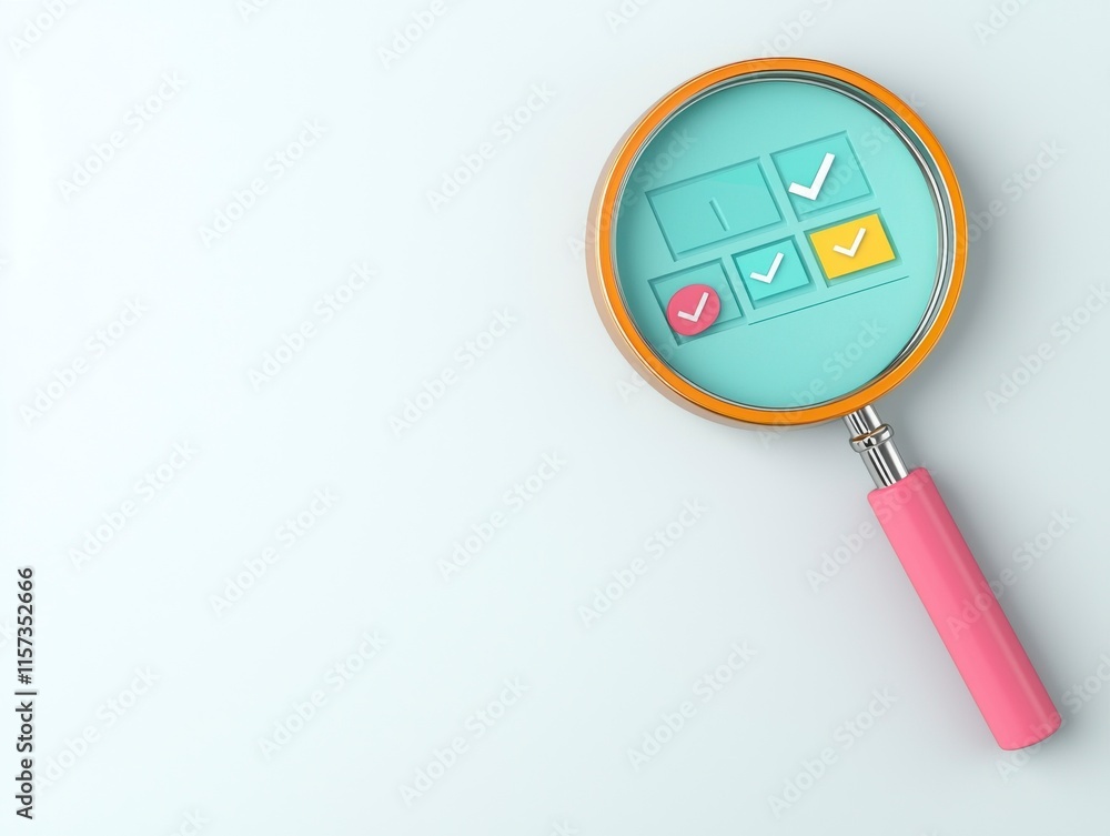 3D Magnifying Glass Icon with Checkboxes on a Webpage Background, Perfect for Illustrating Search and Verify Concepts in Digital Content 3D Magnifying Glass Icon with Checkboxes on a Webpage Background, Perfect for Illustrating Search and Verify Concepts in Digital Content
