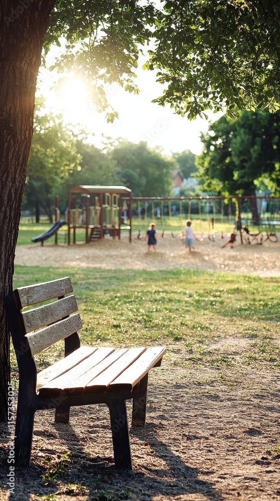Serene Park Scene with Benches and Playground on Sunny Day Serene Park Scene with Benches and Playground on Sunny Day